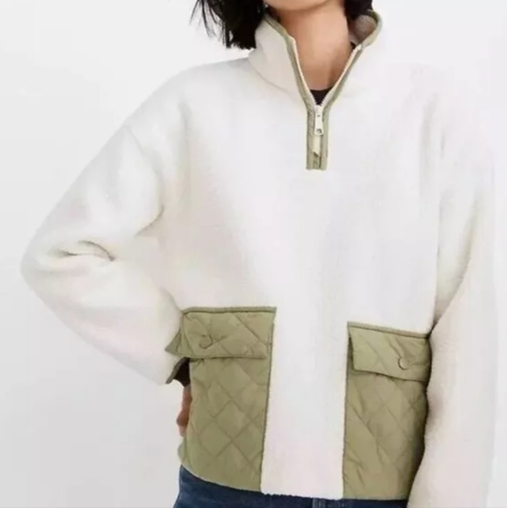 Madewell Cream Fleece Quilted Pocket Popover Jacket Pullover Size S NWT